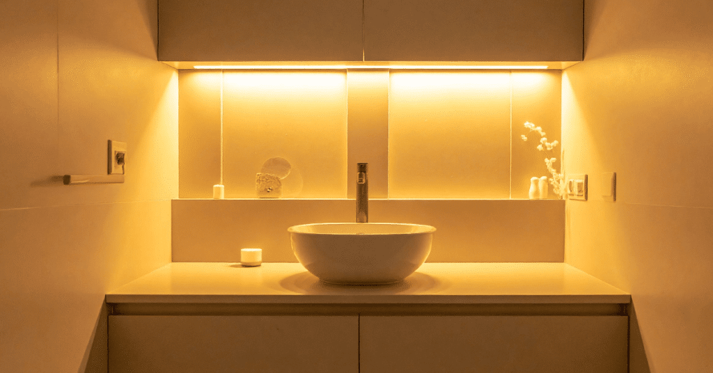 Modern basement bathroom remodel featuring recessed LED lighting for bright, energy-efficient illumination