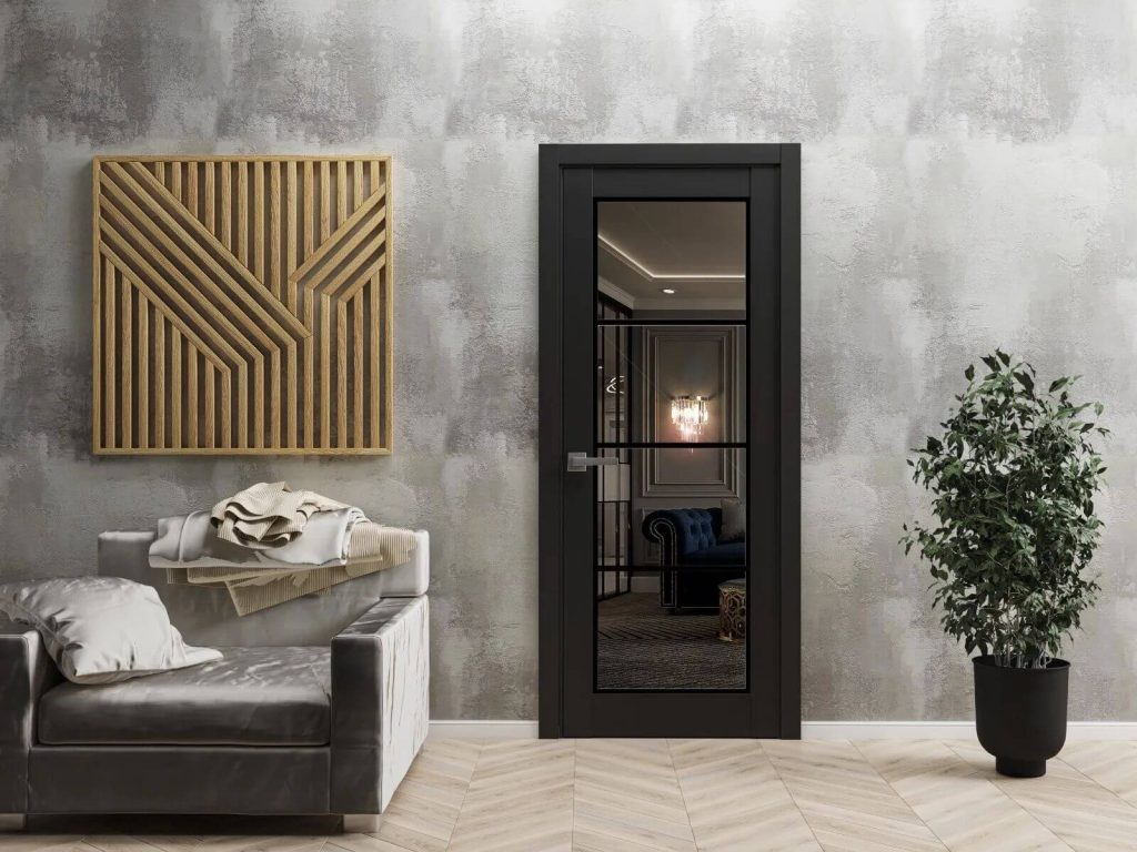Finished basement design with high end doors and brushed brass handles