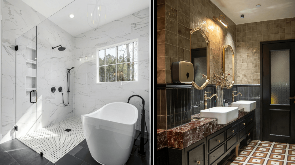 Images of two popular types of bathrooms in basement remodels